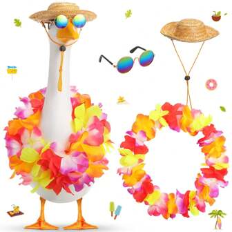 3 pezzi Outfit da esterno per oche in plastica da 23/17" per statue da giardino e patio, compresi cappello di paglia e costume con lei hawaiano