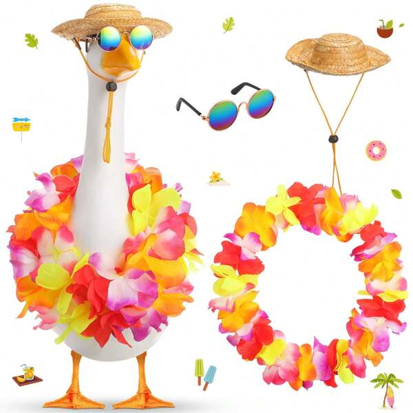 3 pièces Tenues d'oie de véranda d'été pour oie en plastique de 23/17 pouces, vêtements de statue de pelouse et patio, chapeau de paille et costume de collier hawaïen
