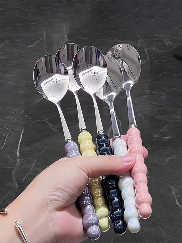 2/3 Pcs Colorful Pearl Stainless Steel Spoons With Plastic Handles, Cute Soup/Dessert Spoons, Girls Style Home Utensils,School Supplies