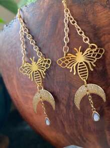 2 件波西米亚时尚铜天然石多色空心蛾、星星、月亮吊坠耳环，适合女性、日常和派对佩戴的礼物 - 彩色 - 查看 7