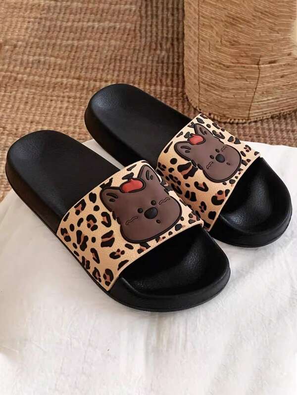 Sandalias casuales de playa cómodas con suela suave, antideslizantes, de diseño con estampado de leopardo y cachorro, para uso en vacaciones de playa o baño, para mujeres