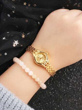 1pc Women Gold Zinc Alloy Strap Business Round Dial Quartz Watch, For Daily Life