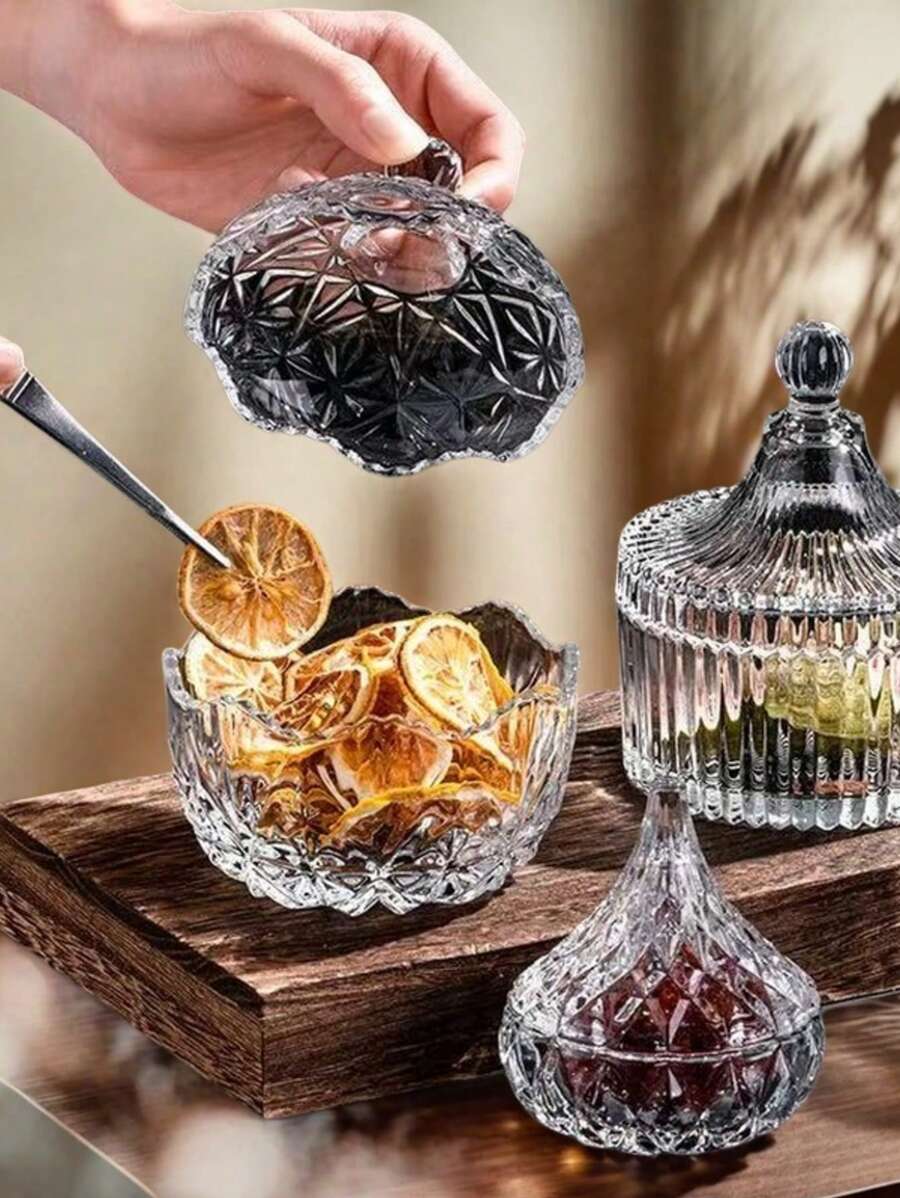 法式浮雕盖板玻璃客厅精致大气典雅轻奢精致摆件糖果罐干果罐茶叶罐零食收纳糖罐咖啡罐透明甜品罐冰淇淋碗酸奶碗花茶罐