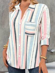 Women's Contrast Color Stripe Print Button Front Lapel Collar Shirt - Pink - View 3