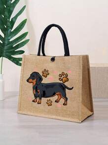 黄色亚麻带扣手提包，印有黑狗图案，包括一个大包和一个小钱包、手提包和零钱包、手提包和钱包、简约耶稣字母印花亚麻手提包、卡包、适合教师的多功能便携式手提包