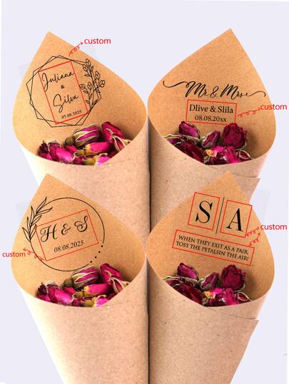 30 piezas Juego de conos DIY para lanzar pétalos en boda, conos personalizados de confeti, 15 diseños personalizados de conos de papel kraft para decoración de despedida de soltera