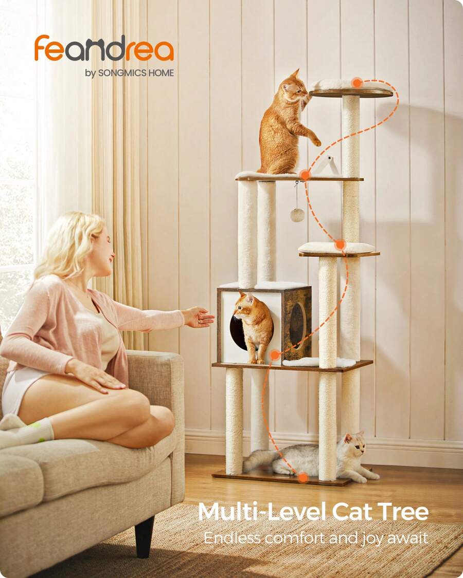 Feandrea WoodyWonders Cat Tree, 65-Inch Modern Cat Tower For Indoor Cats, Multi-Level Cat Condo With 5 Scratching Posts, Perch, Washable Removable Cushions, Cat Furniture - Rustic Brown - View 1