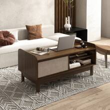 Rectangular Coffee Table W/ Storage Weaving Sliding Door & Adjustable Shelf