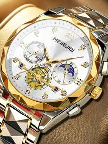 1 pieza Reloj de pulsera de cuarzo para hombres con correa de acero inoxidable, diseño de fase lunar, elegante y