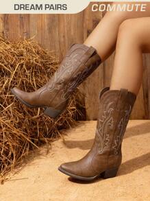 Women's Western Cowboy Boots Slip On Fashion Embroidery Pointed Toe Low Heel Chunky Outdoor Commuter Mid-Calf Black Boots - 棕色 - 查看 1