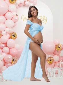 孕妇蕾丝性感露肩高腰开衩礼服，适合拍照、迎婴派对、孕期等场合，春季款 - 淺藍色 - 查看 6