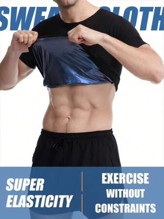 1pc Men's Sweat Enhancing Short Sleeve Shirt, High Elasticity Non-Restrictive Silver Film Sweat Inducing Activewear, Gym Workout Sweat Booster Top, Sweat Profusely Without Constraint, Highly Elastic Men's Sweat Suit, Silver Film Lining For Rapid Sweating, Workout Fitness Body Shaper, Gym Sweat Enhancing Gear, High Stretch Unrestricted Sweat Suit, Sweat Profusely With One Wear, Doubles Sweat Efficiency