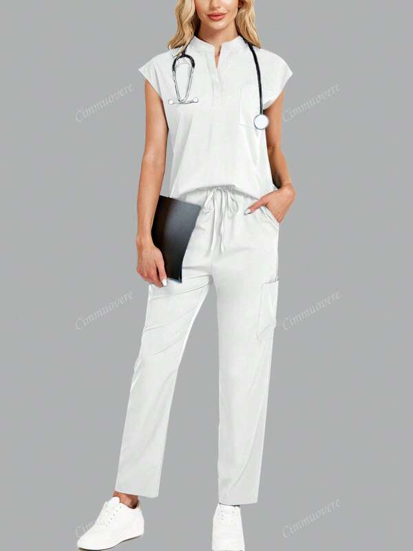 Set de uniforme de enfermería de 2 piezas con top de cuello sólido y pantalones