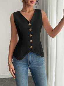Neue minimalistisch geschnittene Weste mit V-Ausschnitt und Knopfdekor, passend für Bürodamen, vielseitig & elegante Arbeit-/Lässig weste