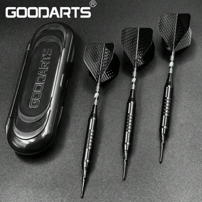 GOODARTS - 纯黑色飞镖套装 - 3 件专业商务礼品，含塑料外壳、3 个塑料替换杆、3 个弹簧环
