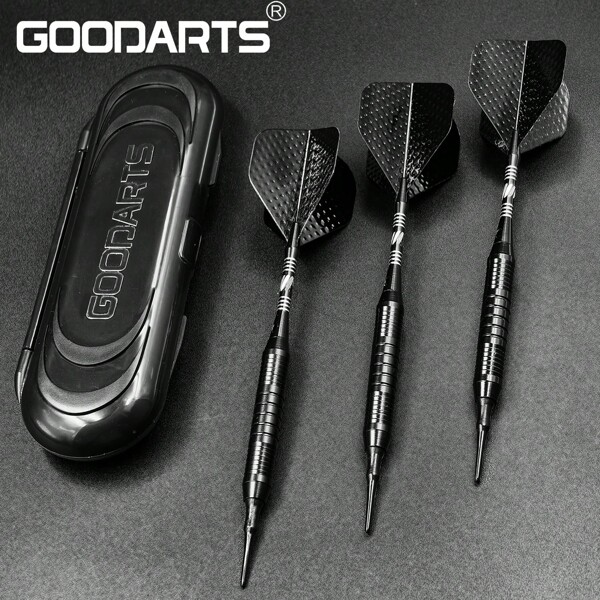 GOODARTS - Reiner schwarzer Dart-Set - 3 Stück professionelles Geschäftsgeschenk mit Kunststoffgehäuse, 3 Kunststoff-Ersatzschäfte, 3 Federringe