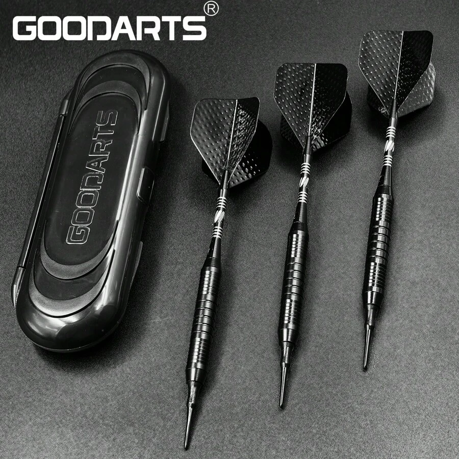 GOODARTS - Pure Black Darts Set - 3 Pcs Professional Business Gift With Plastic Casing, 3 Plastic Replacement Shafts, 3 Spring Rings