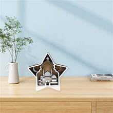 Letrero de mesa Eid Mubarak con forma de estrella rústica, placa de Ramadán tallada en madera, centro de mesa para el hogar - Plateado - Ver 2