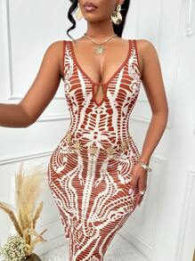 AIJ Amarilo 女士性感沙滩度假复古印花深V领无袖露背长裙，适合夏季派对，优雅迷人 - 棕色 - 查看 6