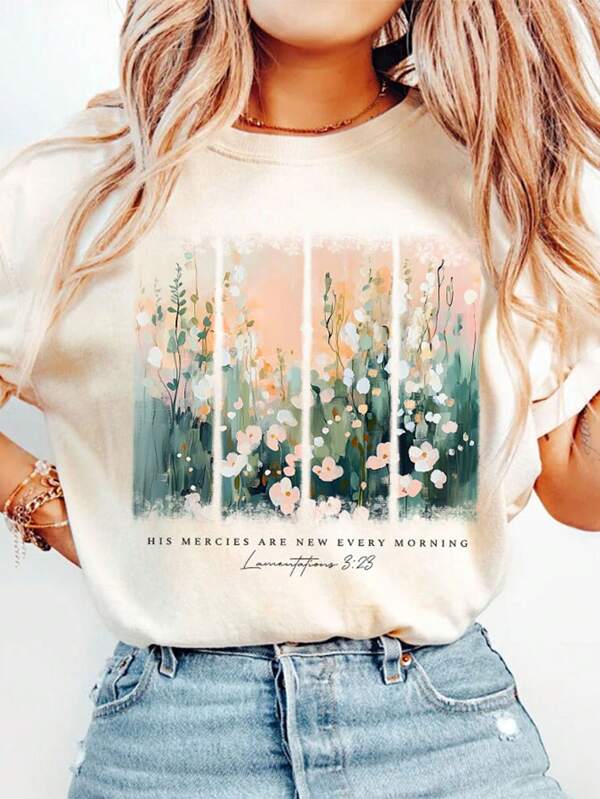 Wildflower Flower His Mercies Are New Every Morning Christian Bible Verse DIY Iron-On Heat Transfer Sticker Decal Patch, Suitable For T-Shirts, Sweatshirts, Fabric, Pillowcases, Canvas Bags And Clothing Decoration, Holiday Party Decor, Handmade, 10inch