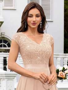 MIUSOL V-Neck Sequin Lace Short Sleeve Ruffle Hem Chiffon Maxi Dress, Elegant Women's Party Gown, Formal Evening Dress, Ball Gown, Suitable For Wedding Guests, Graduation Ceremony, Gala Dinner And Other Occasions, For Valentine's Day - Champagne - View 8