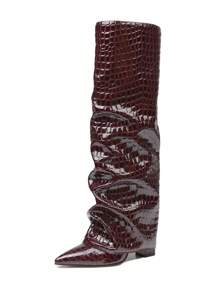 Knee High Fold Over Shark Boots For Women Slouchy Pointed Toe Block Thick High Heels Pull On Fashion Punk Pleated Boots Woman - Red Stone Grain - View 2