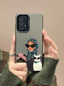 1 件女人与猫图形拼接独特设计可爱肖像猫动物印花撞色防震手机壳，适合自用、送礼，iPhone11/12/13/14/15/16/16PRO/16PROMAX、GalaxyA05/A15/A25/A35/A53/A54/A55/S23/S24 防水防摔防刮