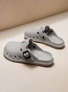 2025 New Men's Flat Bottom Wooden Clogs, Minimalist Fashion Casual Slip-On Retro Adjustable Buckle Sandals For Travel, Beach, Party, Couple, Indoor Slippers, Thick Breathable Solid Color Round Toe Hollow Shoes - Grey - View 5