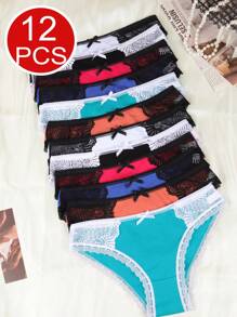 12 Or 6 Pieces Of Multi-Color Combination Set With Bow Decoration Cotton Women's Underwear, Skin Friendly, Soft, Comfortable, Breathable, High Waisted, Elastic, Suitable For Daily Wear In All Seasons - 混色12件裝 - 查看 4