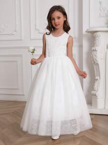 Tween Girl 白色蕾丝对比网眼无袖 A 字裙，花童婚礼晚礼服 - 白色 - 查看 9