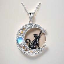 Fashionable Simple Moonlight Stone Moon Star Black Cat Pendant Necklace Women's Sterling Silver Holiday Gift Jewelry Creativity Suitable For Daily Clothing - Moonlight Cat Necklace - View 6