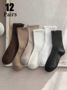 6/12 Pairs Assorted Women's Fall/Winter Socks, Japanese/Korean Style, Fashion Versatile Cute Students Long Tube Socks With Ruffle Trim