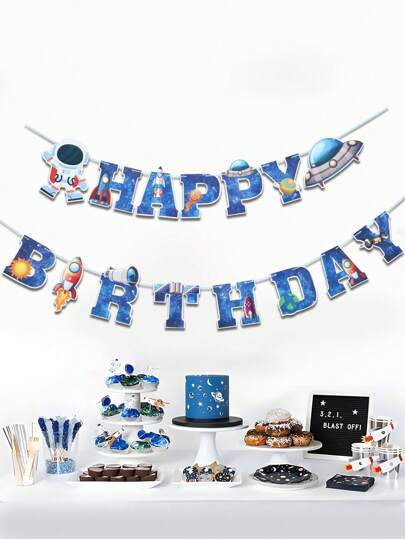 1 Set Pancarta de cumpleaños con diseño de astronauta, planeta y cohete, decoración colgante para fiesta de cumpleaños, telón de fondo para celebración de fiesta
