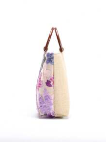 1pc Purple PVC Sequin Floral Embroidery Net Tote Bag, Chic Small Square Handbag, Fashionable & Versatile - Multicolor - View 5