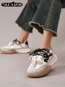 Women's Color Block Lace Up Sports Shoes, Fashionable Lightweight Casual Comfortable Slip-On Flat Shoes, Outdoor Comfortable Running Sneakers - Beige - View 2