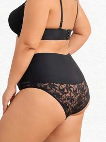 Women High Waist Lace Patchwork Breathable Solid Color Briefs - Black - View 5