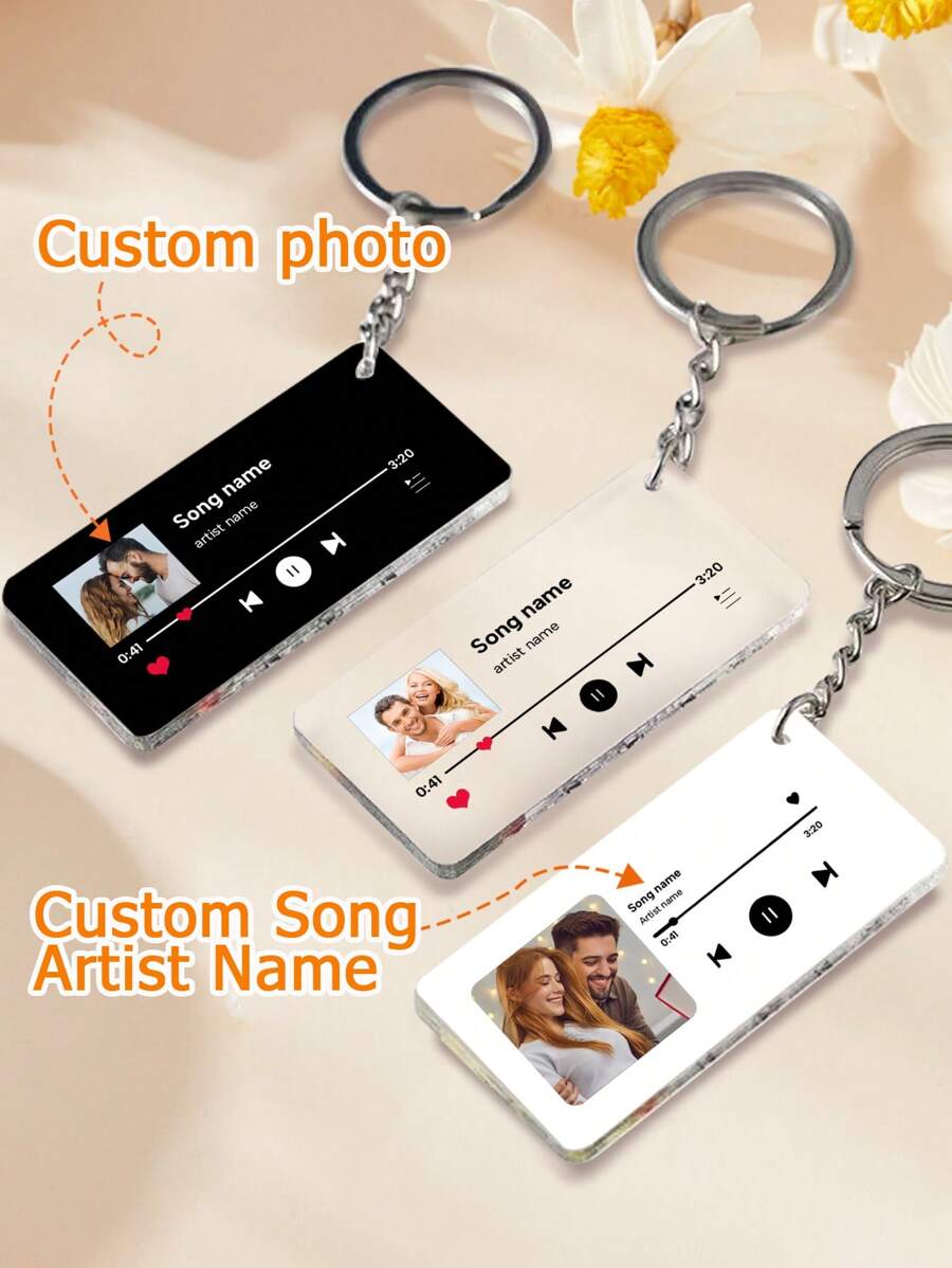 LICVIC 1/2 piezas Llavero personalizado de reproductor de música de acrílico, llavero personalizado con placa de canción, llavero personalizado con foto/texto/canción, llavero personalizable, 7x3cm, negro/blanco/transparente, adecuado para novio, novia, parejas - Multicolor - Ver 1