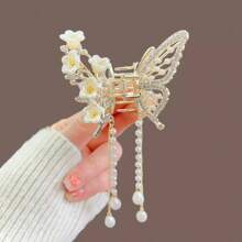 1 Peça Grampo de Cabelo com Tassels, Decorado com Strass em Formato de Borboleta e Pérolas Falsas, Acessório de Cabelo Elegante, Grampo de Cabelo, Presilha de Cabelo, Itens Escolares, Faculdade