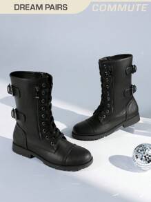 Women's Mid-Calf Combat Boots Round Toe Lace-Up Coin Pocket Outdoor Commuter Black Boots