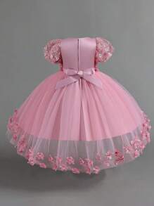 Young Girls Puffy Sleeve 3D Floral Multi-Layer Tulle Birthday Trailing Princess Dress, Suitable For Pageant Flower Girl, Excluding Headband - Dusty Pink - View 2