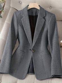 HOMEYEE Women Plus Size Blazer Jacket, Spring Autumn Winter, Vintage Elegant Casual Vacation Office Work Wear, Long Sleeve Jacquard Fabric With Pockets - 灰色 - 查看 1