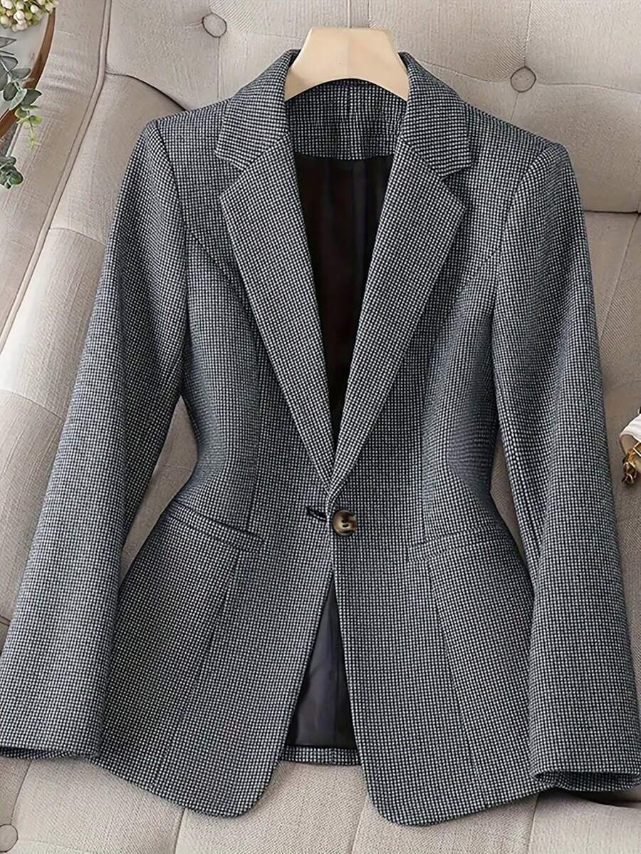 HOMEYEE Women Plus Size Blazer Jacket, Spring Autumn Winter, Vintage Elegant Casual Vacation Office Work Wear, Long Sleeve Jacquard Fabric With Pockets - 灰色 - 查看 1