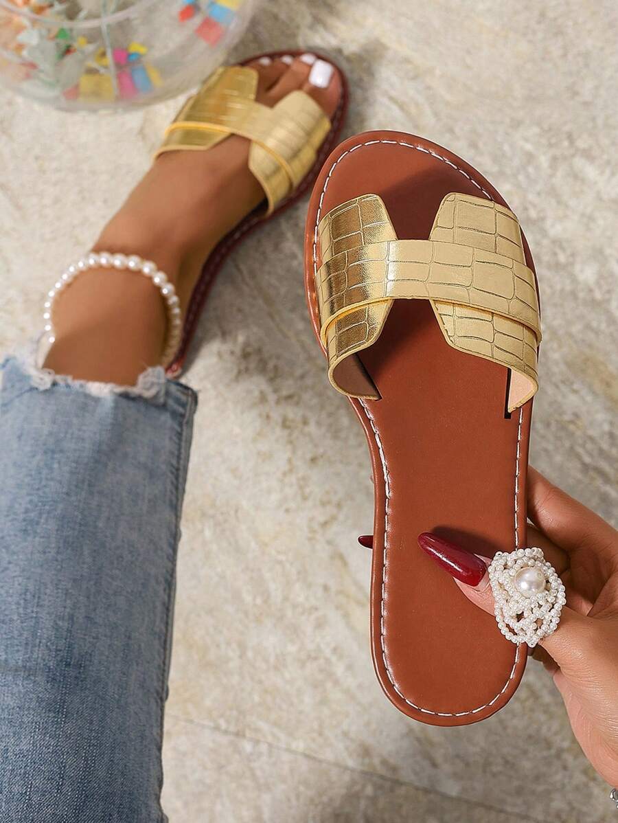 韩版女士休闲平底拖鞋,露趾编织罗马凉鞋,春夏新款时尚一脚蹬拖鞋,适合正装、沙滩、居家,棕色 - 金色 - 查看 1