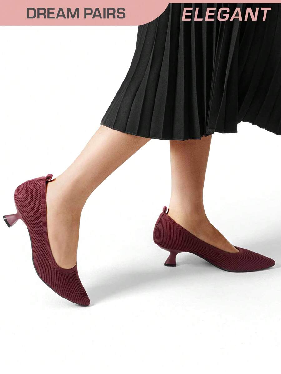Women's Pointed Toe Kitten Heels Work Pumps Comfortable Knitted Closed Toe Dressy Wedding Shoes With Supportive Insole - 酒紅色 - 查看 1