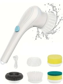 Un cepillo de limpieza inalámbrico de mano con 5 cabezales de cepillo reemplazables con cabezales de cepillo giratorios para usar en baños, bañeras, azulejos de pared, suelos y cocinas.