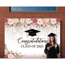 1pc Rose Gold Floral Watercolor Dot 2025 Graduation Photo Backdrop, Celebration Photography Studio Prop For 2025 Graduation Party Decor - Color - View 2