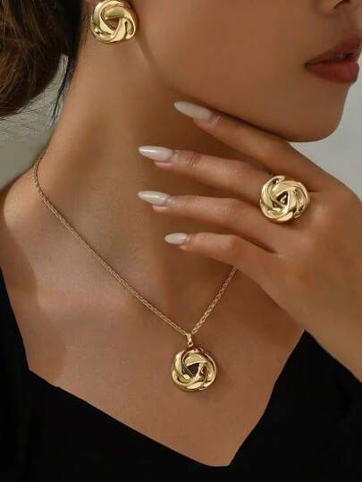1 Set Of 4pcs Fashion Elegant Metal Exaggerated Smooth Twisted Necklace, Ring, Earrings Jewelry Set For Women