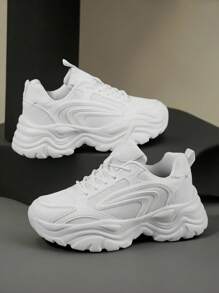 Sporty Front Chunky Sneakers For Women,Colorblock Leather Lace-Up Shoes Women Boots Women Lightweight Breathable Sneakers Women Shoes Outdoor Sports Shoes For Women Running Shoes Comfortable Casual Shoes For Women