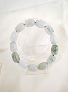 1pc Natural Jade Beaded Bracelet, White And Green Intertwined Like Watercolor Painting, Smooth Texture, Adds Oriental Elegant Charm - White - View 3