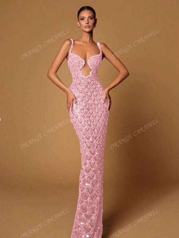 New Glittering Sequin Patchwork Spaghetti Strap Sleeveless Evening Dress For Women, Formal, Party Dress, Gown, For Wedding Guest